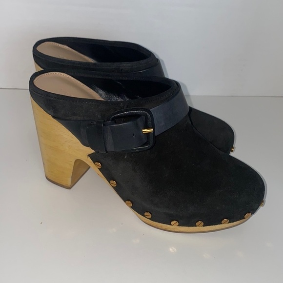 VERONICA BEARD Dacey Clogs Buckled Strap Studded Black Suede Wooden Heel Mule - Picture 2 of 9